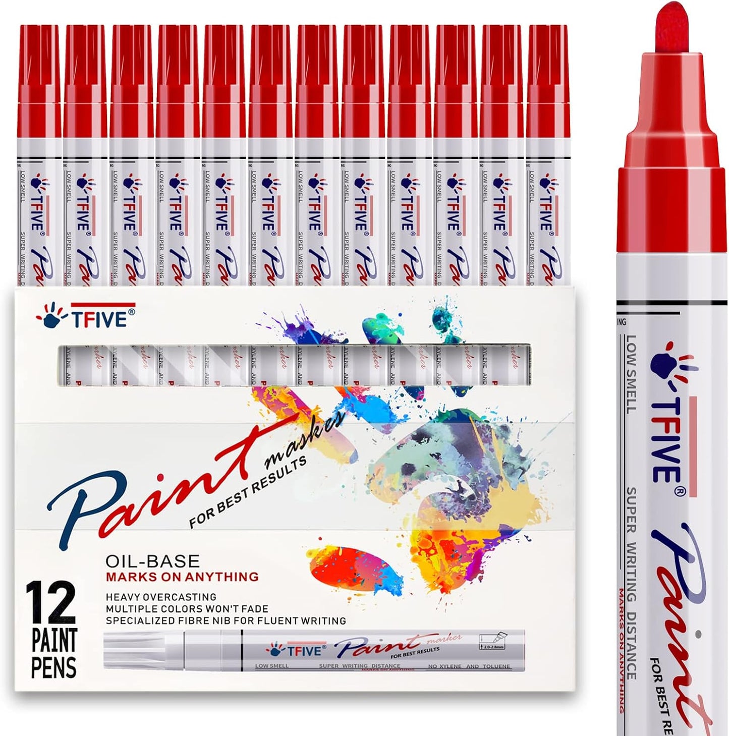 TFIVE Red Paint Pens Markers - 12 Pack Oil Based Permanent Marker, Medium Tip, Never Fade, Quick Dry, Waterproof Paint Pen for Rocks Painting, Wood, Fabric, Plastic, Canvas, Glass, Metal