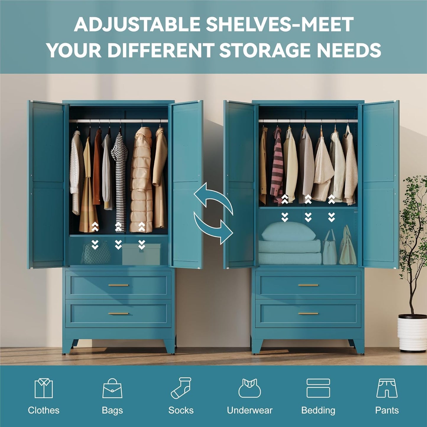 Metal Wardrobe Cabinet with Hanging Rod, 71" Armoire Wardrobe Closet with 2 Drawers,Farmhouse Metal Clothing Storage Cabinets with Door and Adjustable Shelves for Bedroom,Laundry Room(Blue)