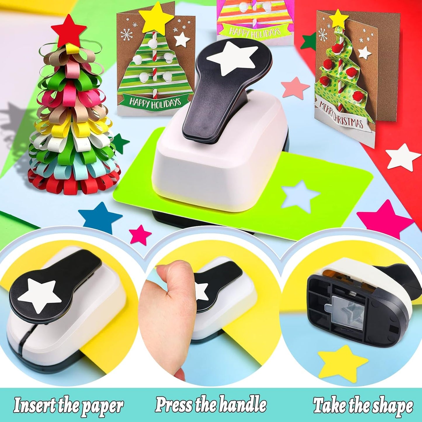 Star Hole Punch, Star Punches for Paper Crafts, Stars Paper Puncher Shape, 1 inch Stars Punch for Crafting, Large Hole Puncher, Scrapbook Punches 2 in, 1.5 in, 1 in, 5/8 in, 3/8 in - 5 Pcs