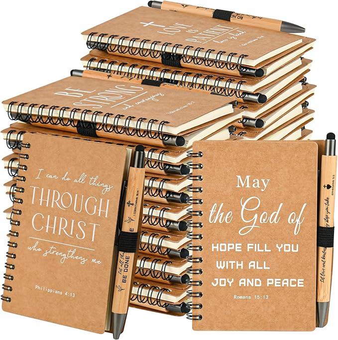 INSADA Christian Prayer Journal Spiral Notebooks Bulk with Pens - Small Notepads (4.13”x5.43”) - Easter Gifts for Women men,Church Members & Bible Study Groups (60 sets Brown)