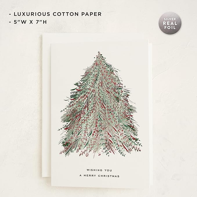 Minted Enchanted Christmas Cards, 8 Cards with 8 White Envelopes, Holiday Card with Timeless Christmas Tree Design, Folded 5x7 Card, Silver Foil-Pressed, Luxurious Paper, Interior Message Included