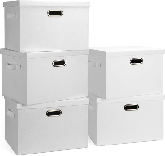Large 17" 36 Quart Collapsible Stackable Storage Bins with Lids, 5 Packs White Linen Fabric Closet Boxes with Lids, Storage Cube Baskets Container Organizers for Bedroom Office(17 x12 x11)