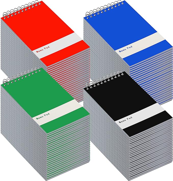 Thenshop 100 Pads Spiral Memo Bulk 3'' x 5'' Top Bound Memo Book 60 Sheets Small Mini Notebooks Lined Wire Bound Pocket Steno Book for Home, Office, School (Black,Green,Dark Blue,Red)