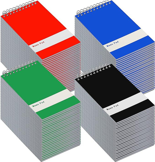 Thenshop 100 Pads Spiral Memo Bulk 3'' x 5'' Top Bound Memo Book 60 Sheets Small Mini Notebooks Lined Wire Bound Pocket Steno Book for Home, Office, School (Black,Green,Dark Blue,Red)