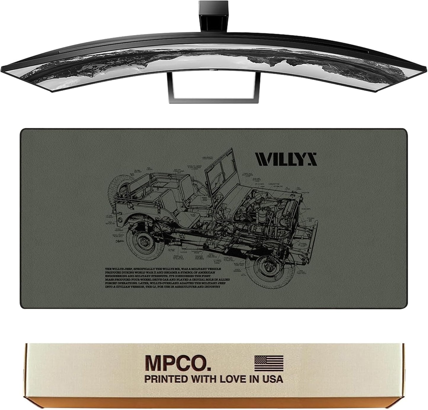 MPCO. Blueprints Large Gaming Desk Pad - 36" x 17" Duraglyde Fabric Willys Jeep – Green Desk Mats - Non-Slip, Washable, Smooth Glide for Precision Gaming & Work