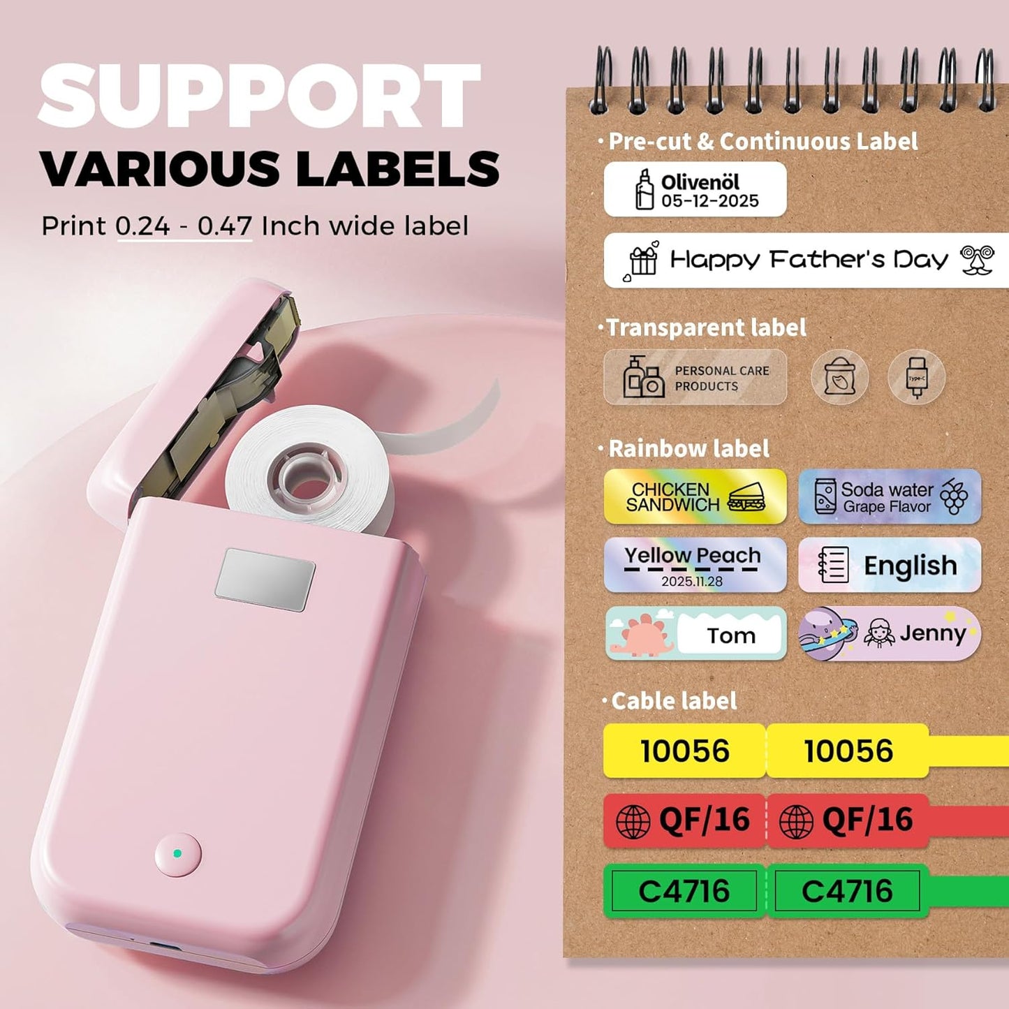 Label Maker Machine with Tape, Label Makers with Multiple Templates, Mini Label Maker Widely Used in Home Office School Organization, Bluetooth Label Printer Easy to Use for Small Labels, Pink