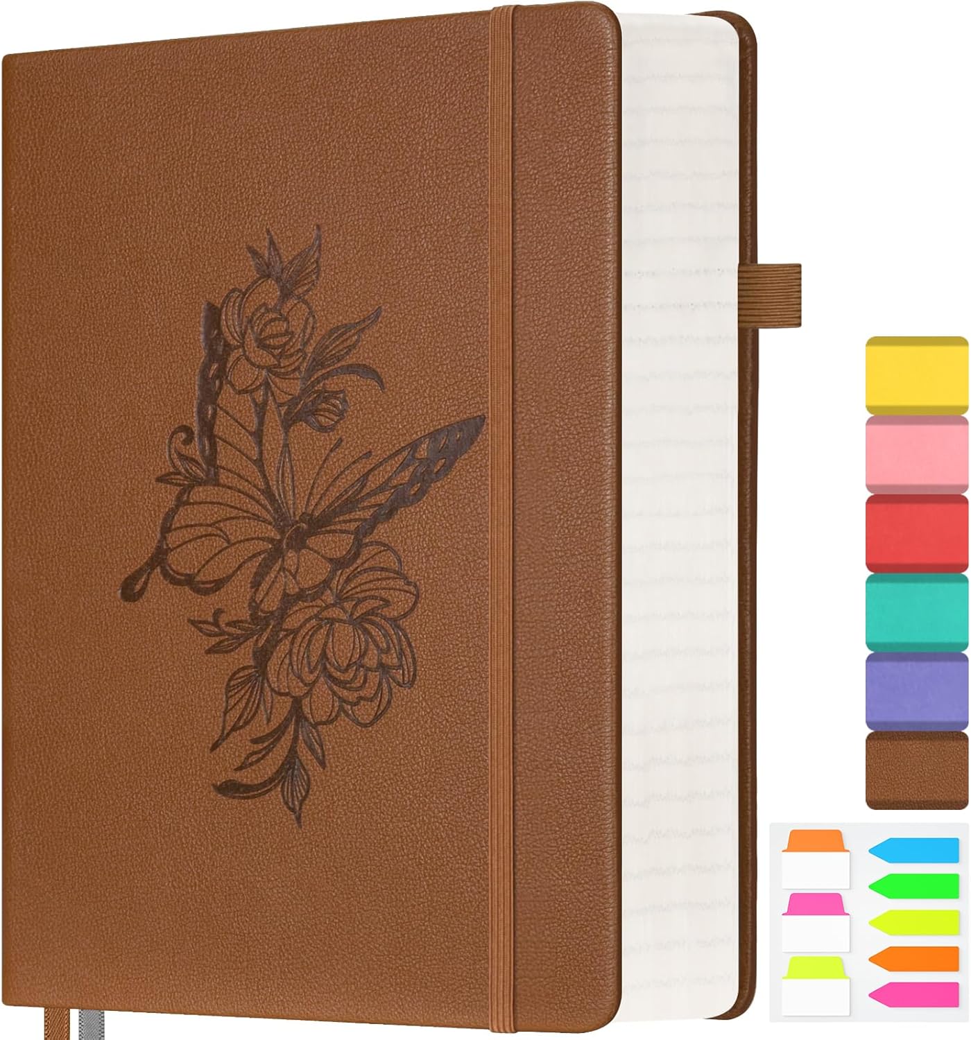 Lined Notebook Journal for Women Men, 312 Numbered Pages B5 Thick Leather Journals for Writing, Daily Diary Journal for Work School, Hardcover College Ruled Notebook, Butterfly Flower Notebook, Brown