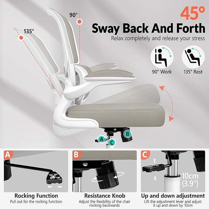 Home Office Desk Chair, Ergonomic Office Chair with Lumbar Support and Adjustable Armrests, Rocking Office Chair, Breathable Mesh Mid Back Computer Chair, Modern Comfy Desk Chair