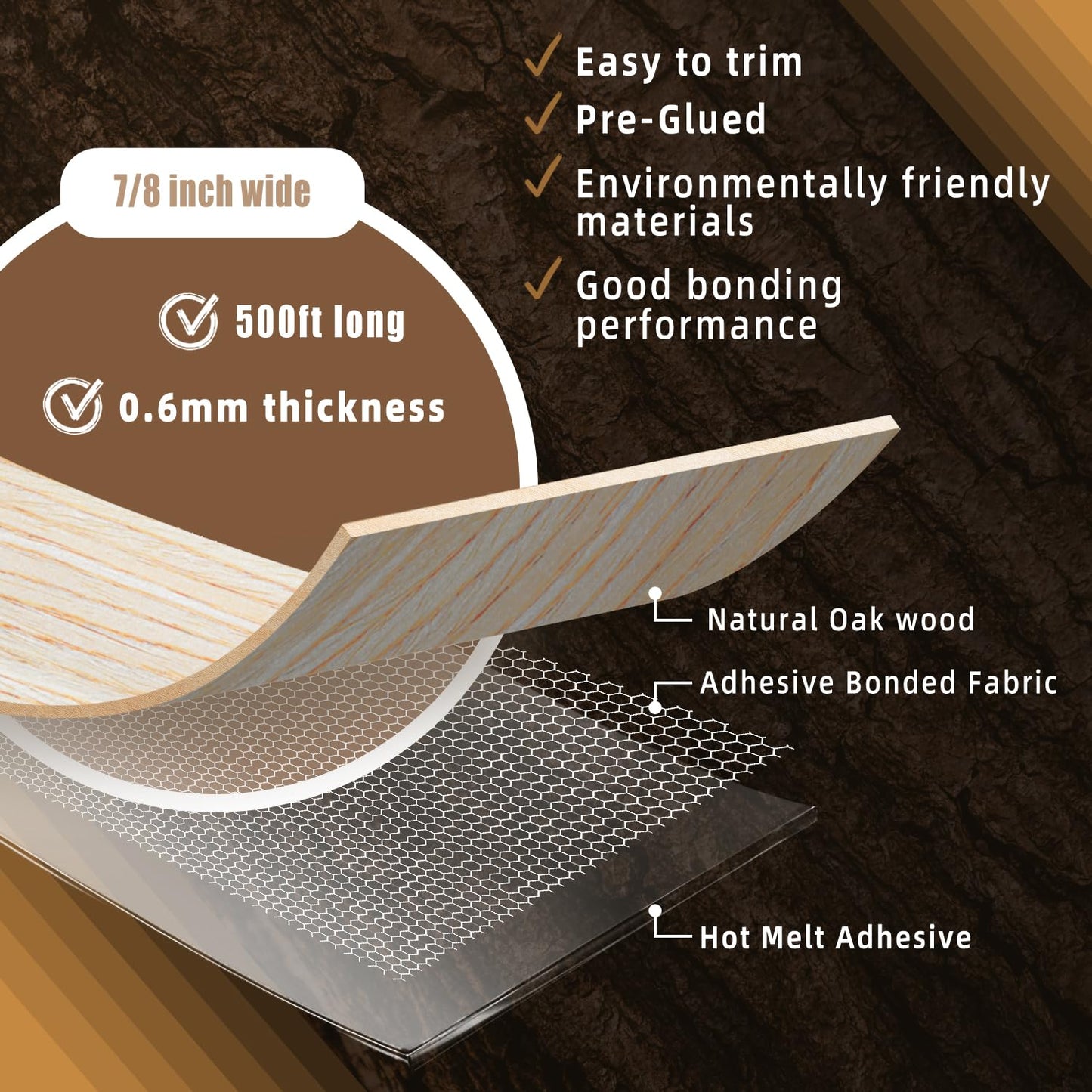 GSCIT Club Oak Edge Banding, 7/8 inch x 500ft roll of Veneer Edge Banding Preglued Flexible, Wood Tape Banding for Repair Furniture