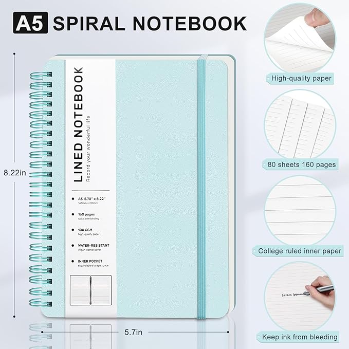 Lined Spiral Journal Notebook, A5 Hardcover Leather Notebook for Work, 5.7''×8.2'', 100GSM Thick Paper Spiral Bound Journaling Notebook for Women Men Office School Note Taking Business, Morandi Green