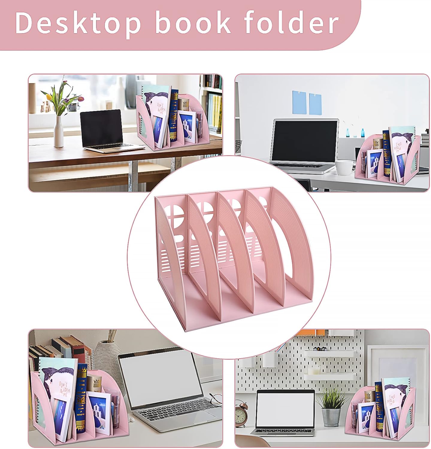 SAYEEC Magazine File Holder Folder Storage Desktop 4 Compartment Standing Hollow Pink Files Bookshelf Organizer Office Racks Displays Holds Notebooks Documents for School Working Students