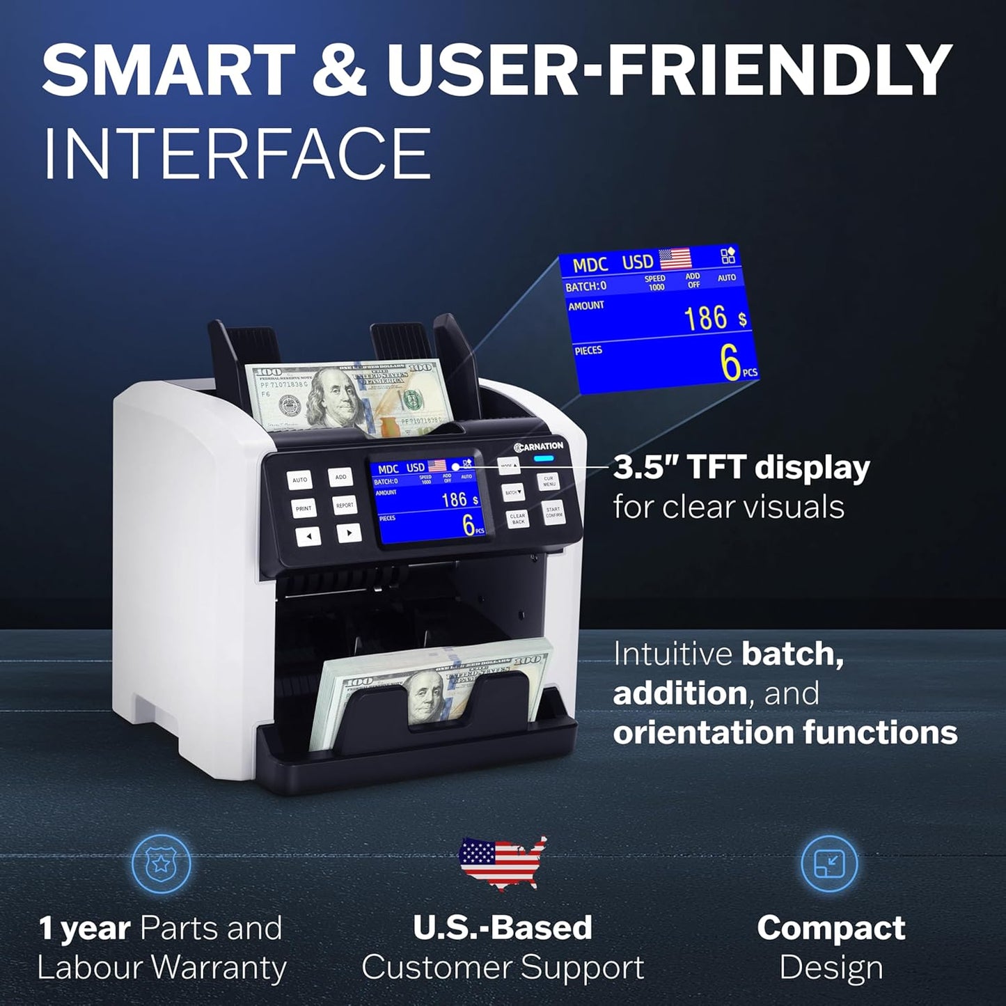 Carnation CR6 Mixed Denomination Money Counter Machine - Money Counter with UV/MG/IR Counterfeit Detection - 3 Speeds from 800~1000~1200N/M and Supported Currency USD/CAD/BRL/MXN/ARS/Pen/CLP/DOP/VES