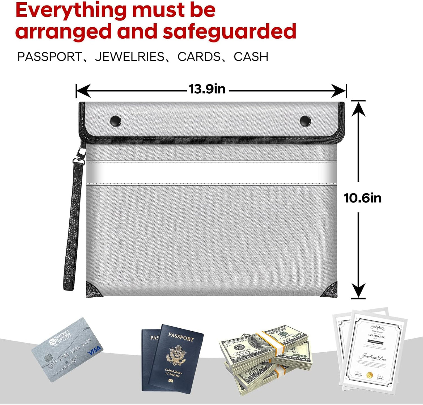 Fire Proof Bag For Documents,5200°F Heat Insulated Fire Proof Pouch with Soft Leather Hand Strap,13.9x10.6 Inch Fireproof Money Bag for Cash/Documents/Valuables(Silvery)