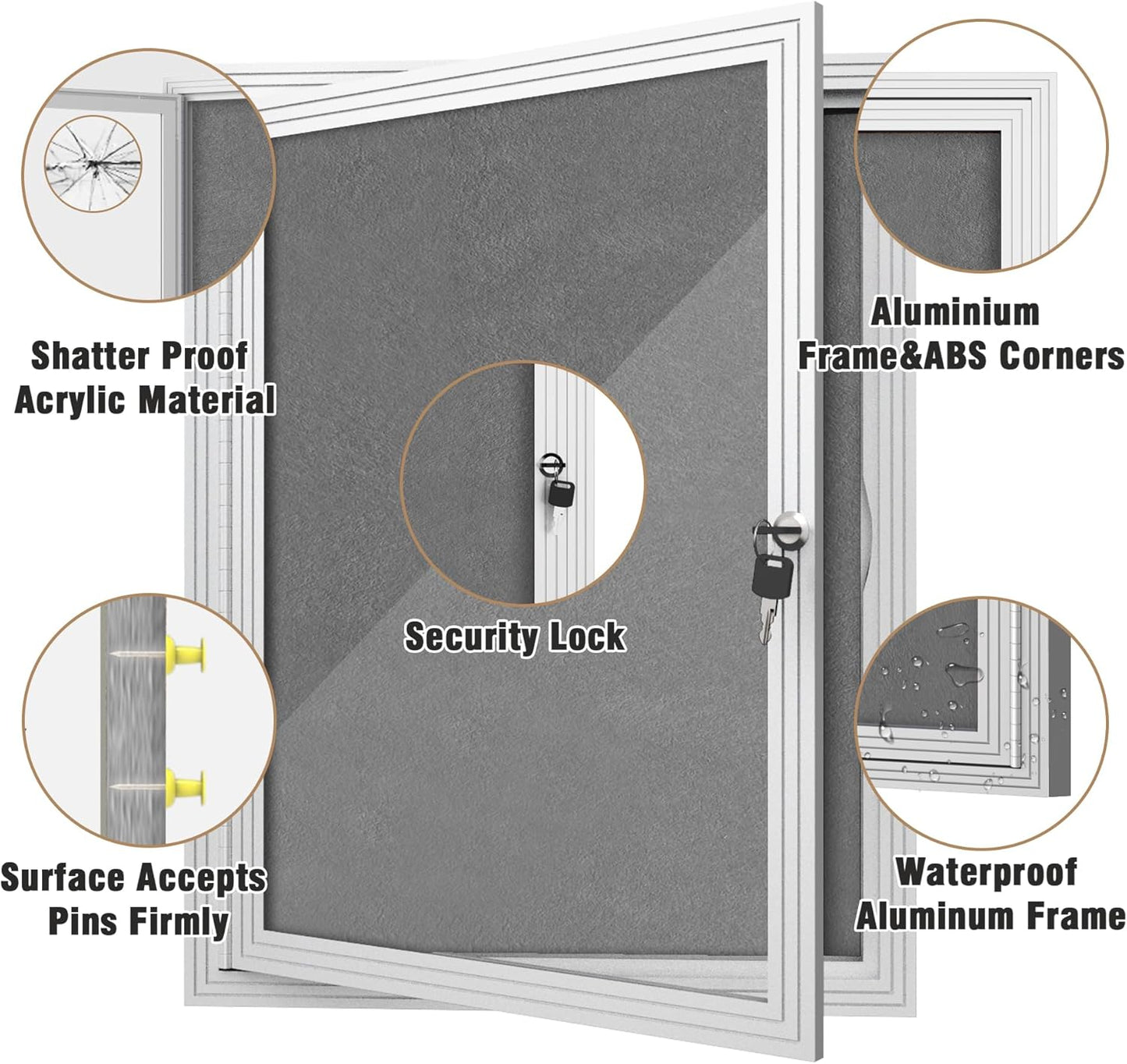 26"x20" Enclosed Bulletin Board, Outdoor Lockable Weather-Resistant Aluminum Cork Noticeboard for School & Office, Silver Frame w/Grey Flet