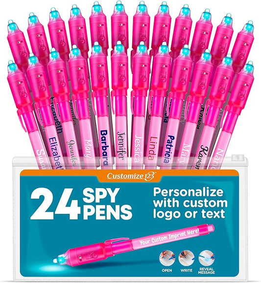 Personalized Invisible Disappearing Ink Pen Marker, Custom Secret Spy Message Writer with UV Light, Fun Activity Entertainment for Kid Party Favors Ideas Gifts and Stock Stuffers, 24 Pack, Pink