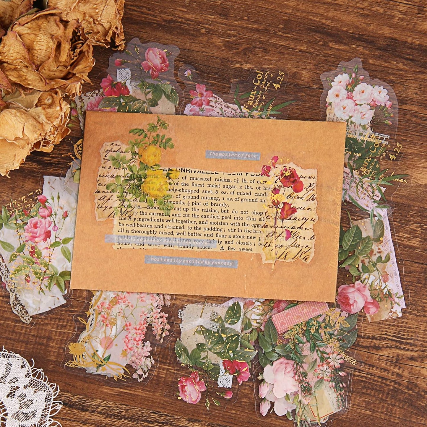 Dizdkizd Die Cut Gold Foil Floral Stickers (180 Pieces), Transparent Aesthetics Sticker Set Vintage Flower Decals for Scrapbooking Card Making Journaling Paper Crafting