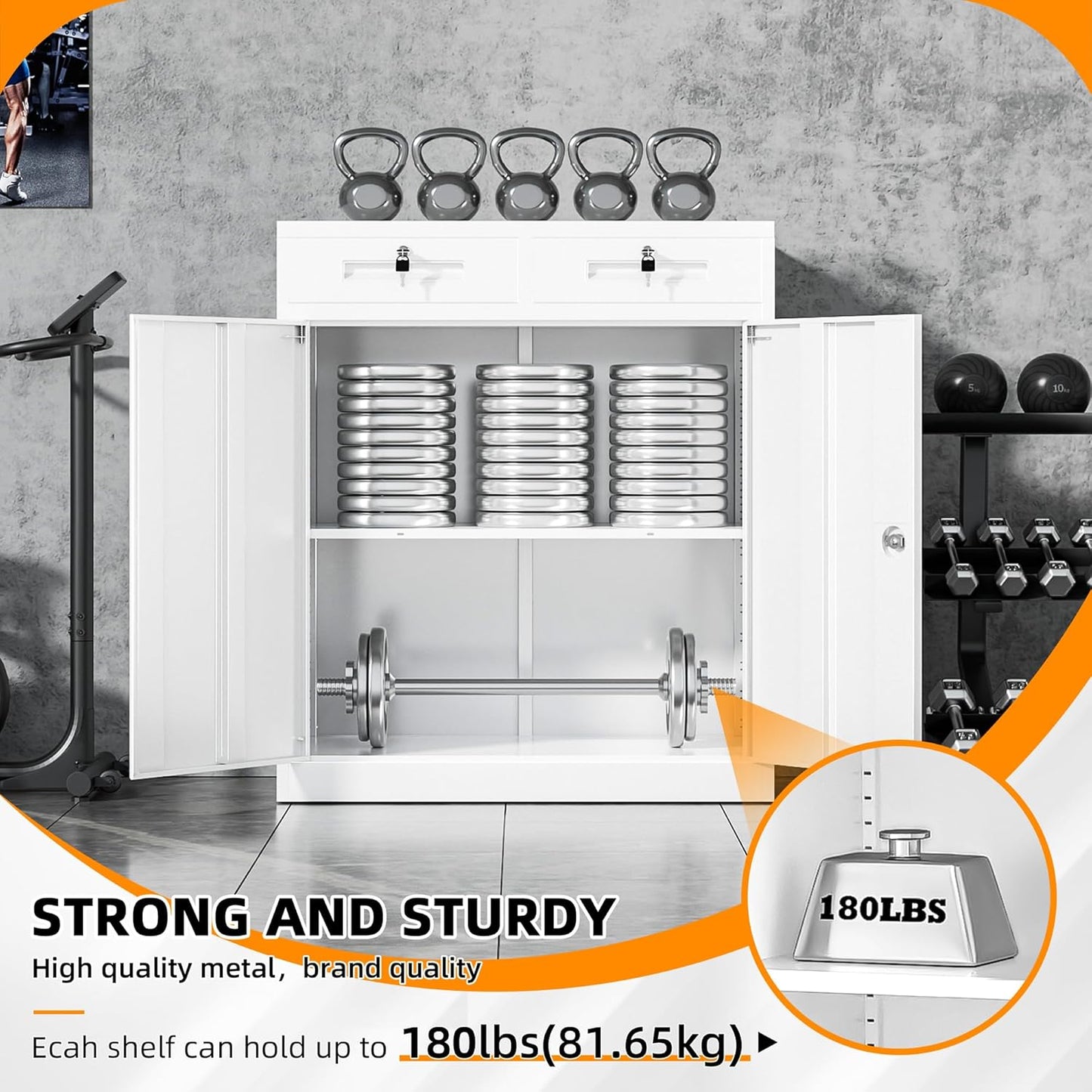 INTERGREAT Metal Cabinet with Drawers, Lockable Metal Storage Cabinets with Doors and Shelves for Garage, White Locking Garage Storage Cabinets 36"×32"×16"