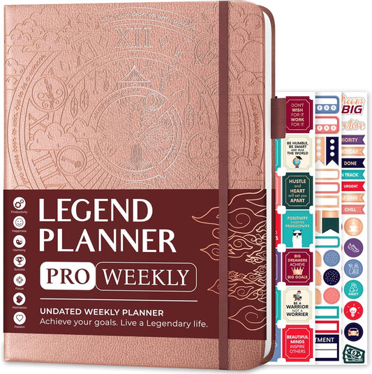 Legend Planner PRO – Deluxe Weekly & Monthly Life Planner to Increase Productivity and Hit Your Goals. Time Management Organizer Notebook – Undated – 7 x 10" Hardcover + Stickers – Rose Gold