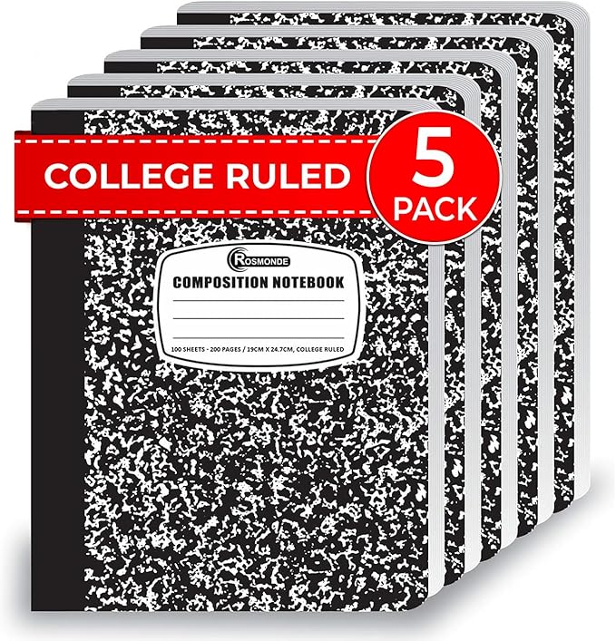 College Ruled Composition Notebooks 5 Pack, 200 Pages (100 Sheets), 9-3/4" x 7-1/2", White & Black Marble Composition Book, Hard Cover, Sturdy Sewn Binding, School, College & Office Supplies