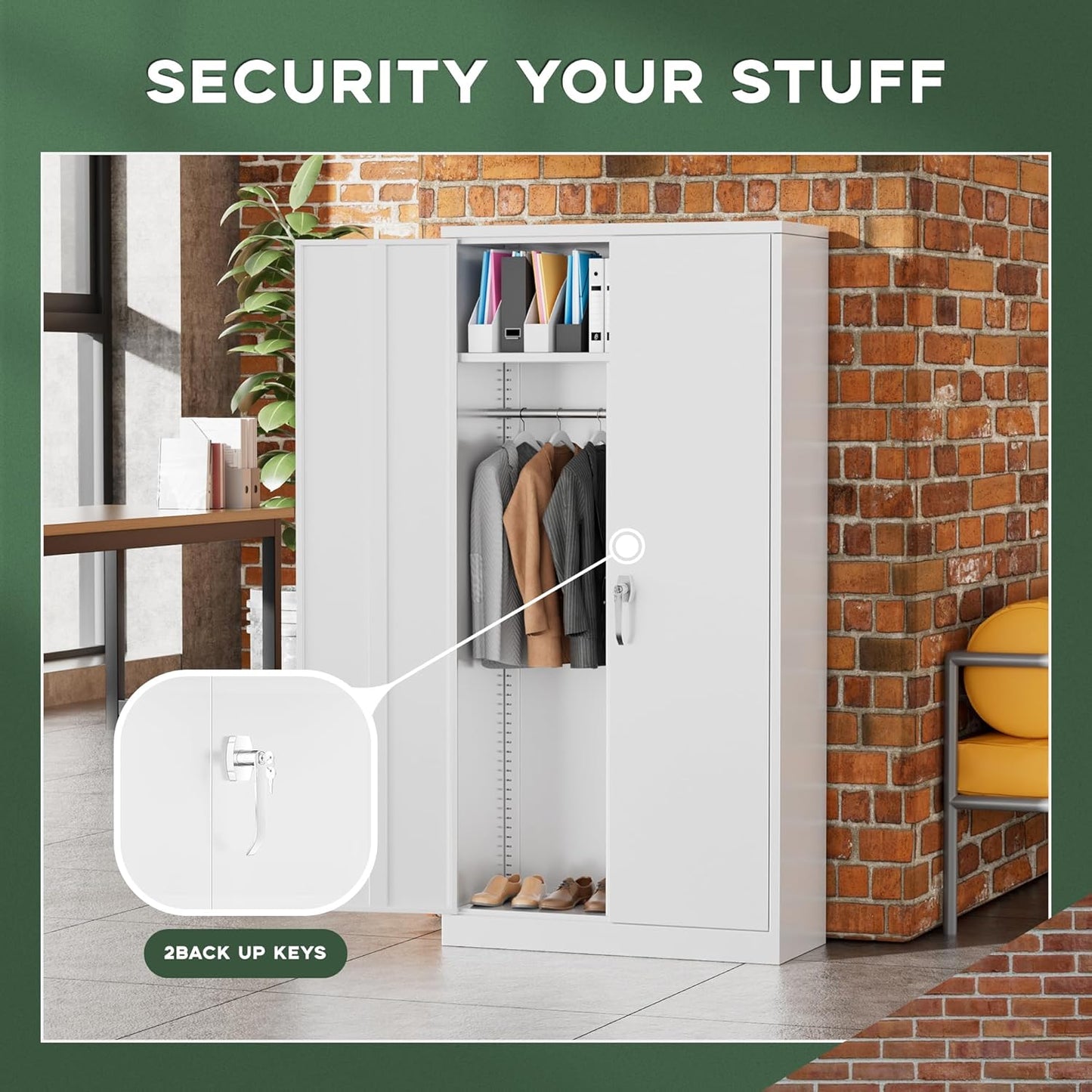 Greenvelly Metal Wardrobe Cabinet with Locking Doors, 72" H x 36" W White Metal Wardrobe Closet Cabinet with Hanging Rods and Adjustable Shelves, Steel Storage Closet for Home, Office, Employee, Gym