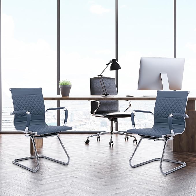 Office Guest Chairs Reception Chairs Waiting Room Chairs Set of 4 Conference Room Chair with Mid Back, Modern PU Leather Desk Chairs, Navy