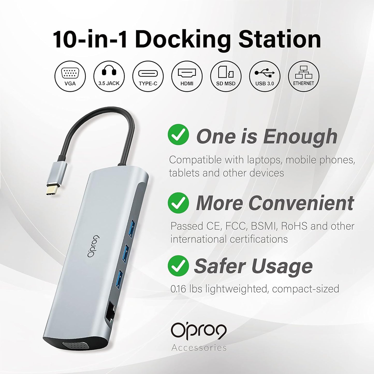 Opro9 10-in-1 USB C Hub Multiport Adapter, Laptop Docking Station Dual 4K HDMI / 1080P VGA, USB 3.0, PD 100W, Gigabit Ethernet, SD/TF Card Reader, 3.5mm Audio Jack, for Windows & MacBook PC, Laptops