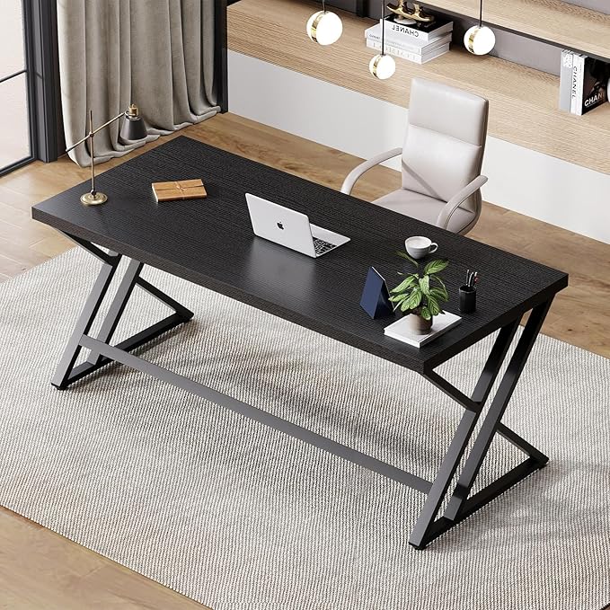 LVB Modern Black Computer Desk, Long Industrial Home Office Desk for Student, Large Metal Wood Writing Study Computer Table, Farmhouse Executive Simple Gaming PC Work Desk for Bedroom, Black, 60 Inch
