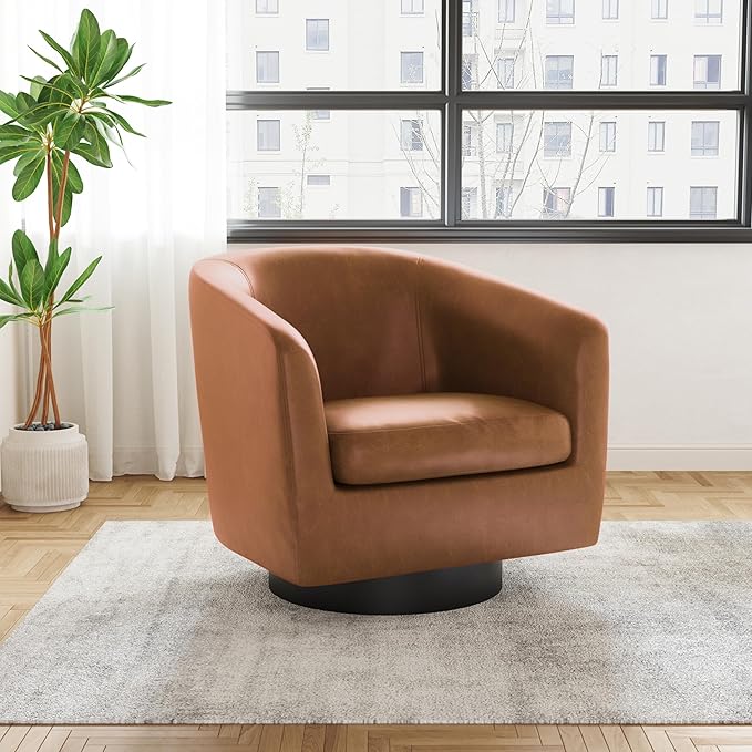 UIXE Faux Leather Swivel Accent Chair with Wood Base, Modern Upholstered Barrel Chairs for Living Room, Comfy Round Armchair Single Sofa Bedroom Reading Seat - 31" W, Brown