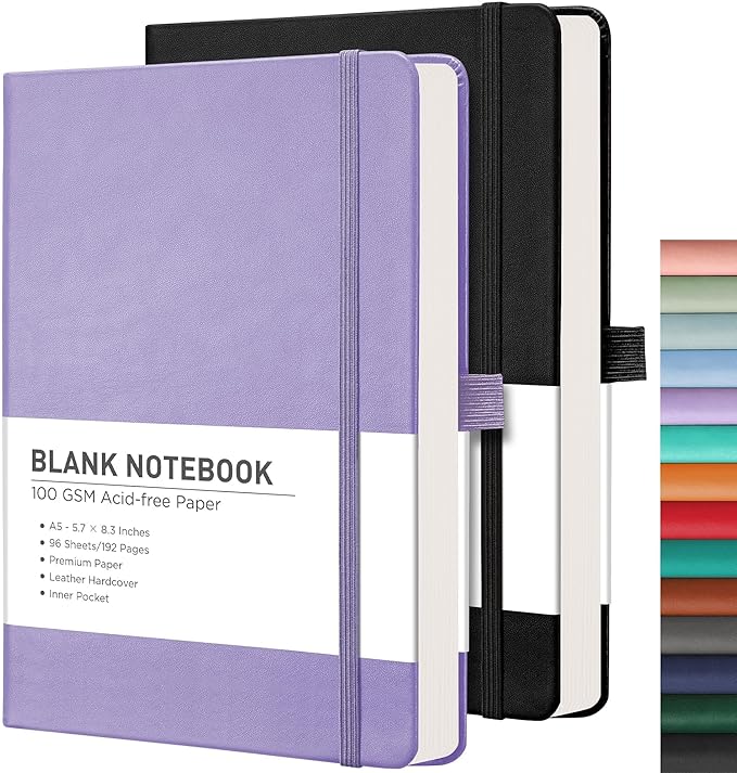 RETTACY Blank Journal Notebook, 2-Pack, 192 Pages per Pack, A5 Medium Size (5.7'' x 8.3''), Leather Hardcover, 100 GSM Thick Paper, for Sketching, Drawing, Painting (Black & Purple)