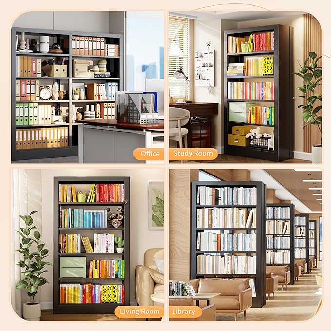 5-Tier Bookcase with Adjustable Storage Shelves, Metal Bookshelf with Book Stopper, Bookcase Shelf for Library, Office, Living Room