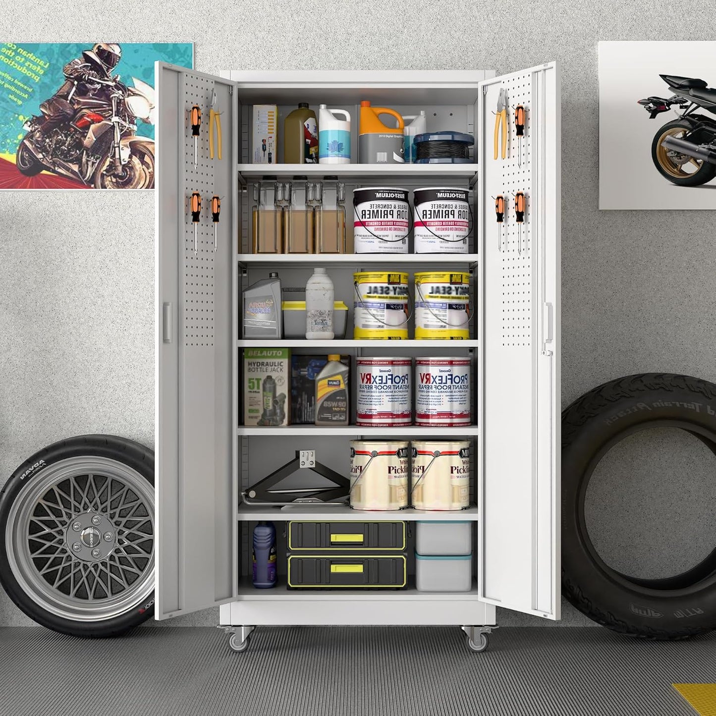 Aobabo Metal Storage Cabinet with Wheels,Heavy Duty Office Storage Cabinet with Lock,Steel Cabinet with 2 Doors and 5 Adjustable Shelves for Office Home School Storage,Required-Assembly White