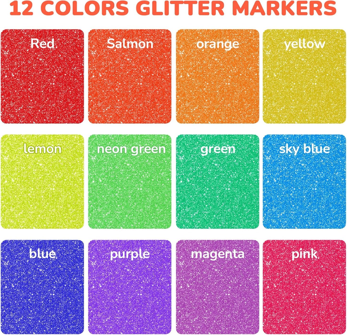 JoyCat 3mm Medium Tip Glitter Markers - 12 Vibrant Colors (Red to Pink) | 3ml High-Capacity Ink | Multi-Surface Paint Pens for Rock, Wood, Fabric, Glass | Gift for Kids DIY Crafts