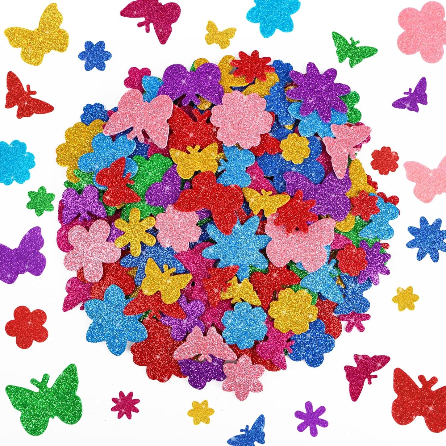 512 PCS Foam Stickers Glitter Colorful Flower and Butterfly Shapes Self Adhesive Stickers for Kids Crafts Arts Party Supplies Scrapbooking DIY Greeting Card Envelopes Home Decor(Flower & Butterfly)