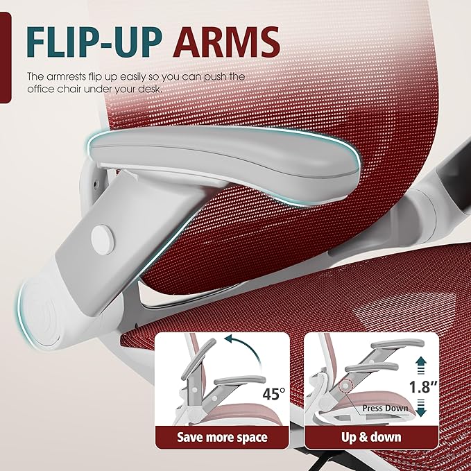 GABRYLLY Ergonomic Office Chair, High Back Home Desk Chair with Headrest, Flip-Up Arms, 90-120° Tilt Lock and Wide Cushion, 400LBS Mesh Chairs for Man Woman, White Task Chair(Red,GY01WR)