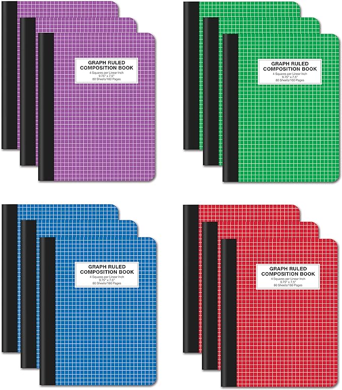 Better Office Products Quad Ruled Composition Book Notebook, 12 Pack, Hardcover 4x4 Graph Ruled Paper, 80 Sheets, 9.75" x 7.5", Assorted Color Covers, 12 Pack