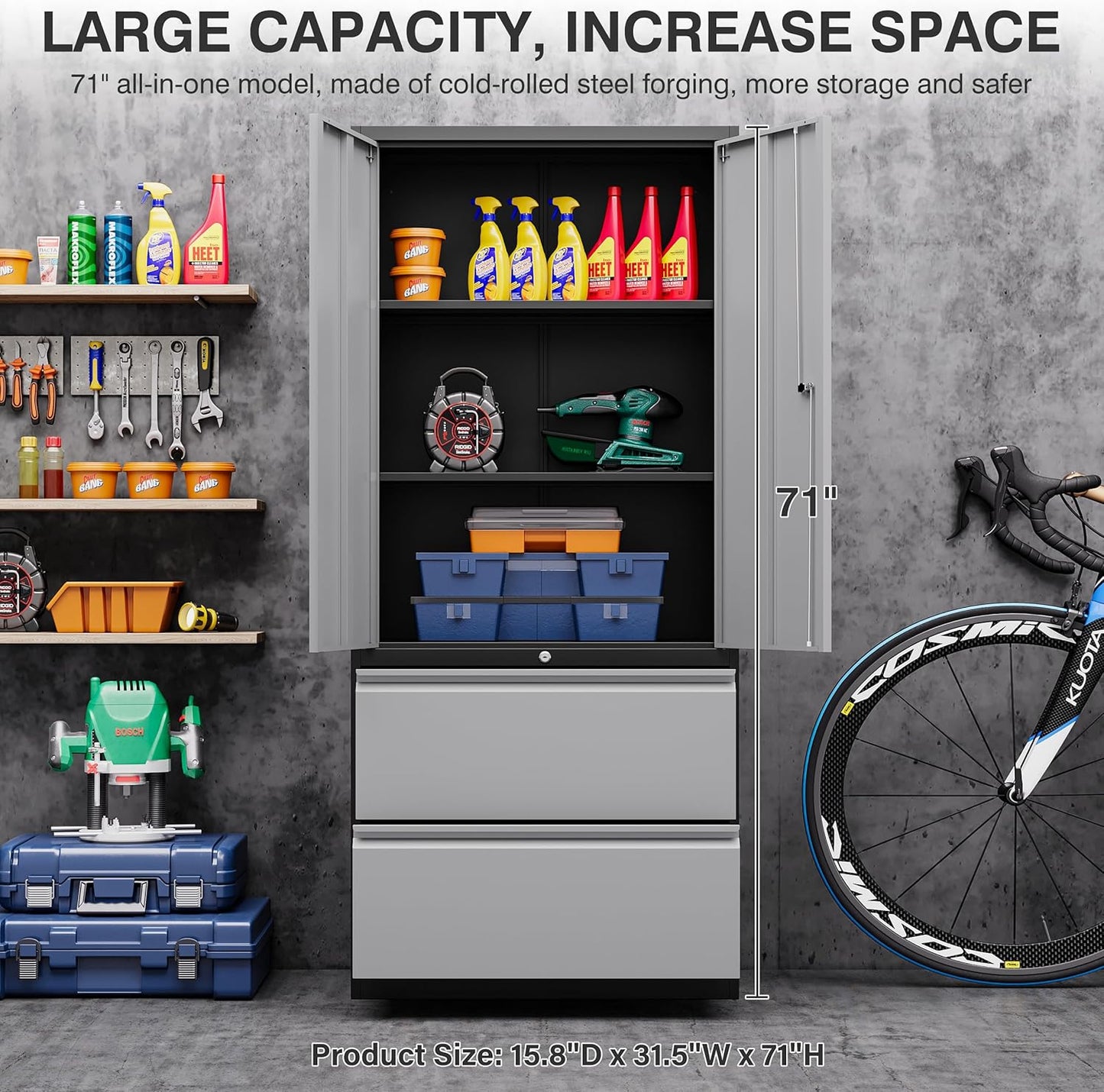 SISESOL Metal Storage Cabinet with Drawers, 71" File Cabinets for Home Office, Locking Steel Storage Cabinet with Doors and Shelves for Home, Office, Warehouse, Garage, School (Gray, 2 Drawers)