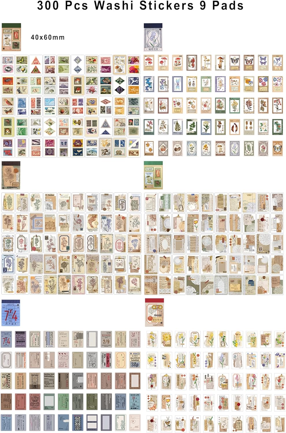 6 Sets 300 Pcs Washi Stickers Book, Vintage Aesthetic Sticker Set for Journaling Scrapbook Decoration Bullet Journal,Stamps Flowers Ticket Theme Stickers for Art Diary Craft Planner