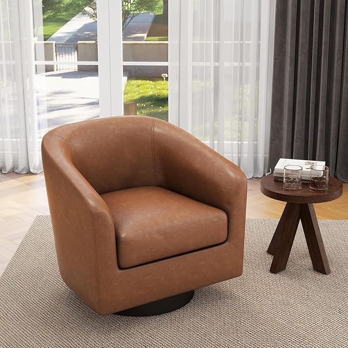 UIXE Faux Leather Swivel Accent Chair with Wood Base, Modern Upholstered Barrel Chairs for Living Room, Comfy Round Armchair Single Sofa Bedroom Reading Seat - 31" W, Brown