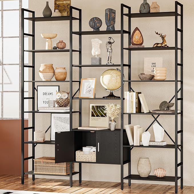 70x78 “ Triple 6 Tier Book Shelf, Industrial Large Bookcase with Storage Cabinet, Tall Bookshelf with 16 Open Display Shelves Metal Frame Furniture for Living Room Bedroom Home Office Black