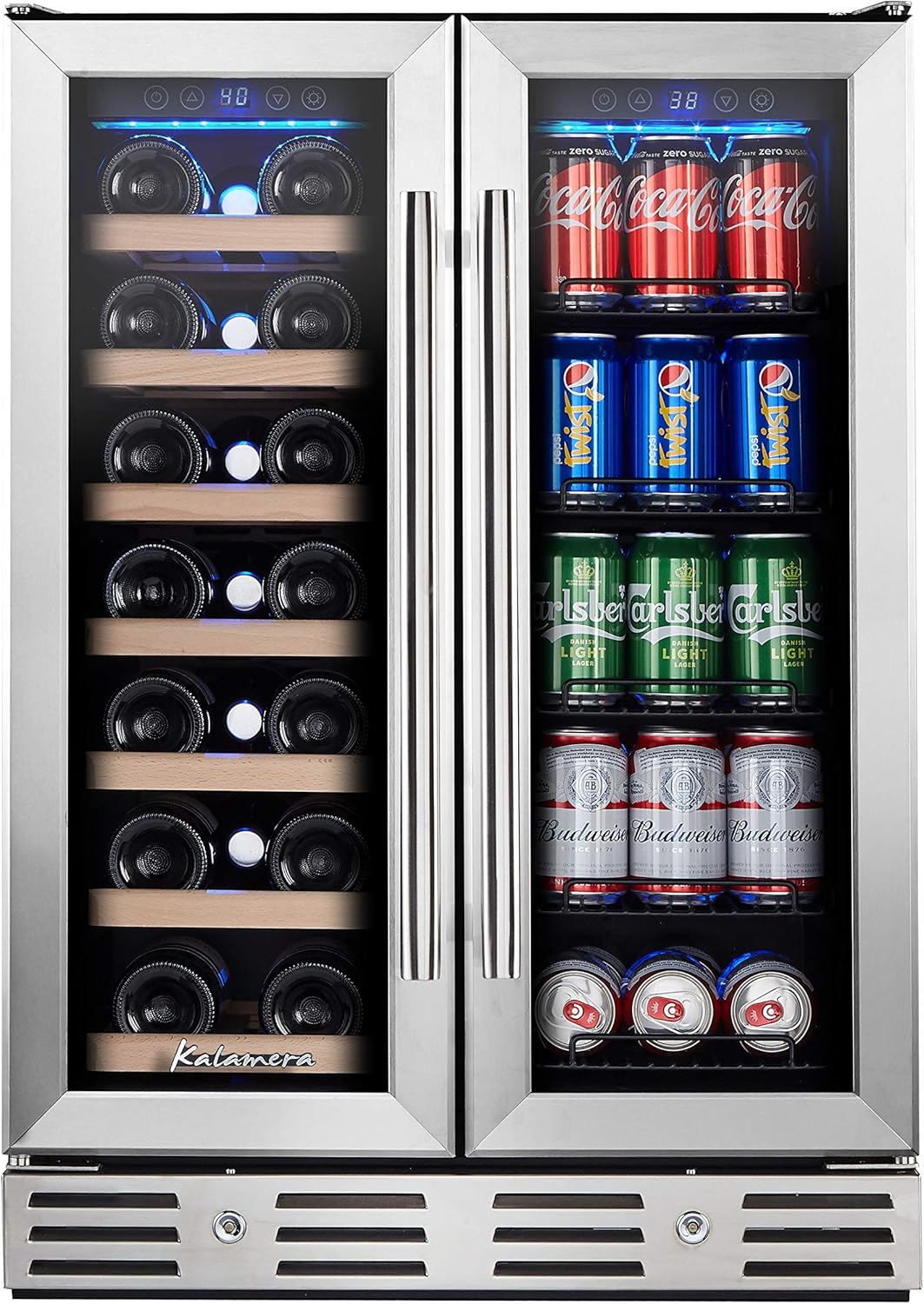 24 Inch Wine and Beverage Fridge, Wine Refrigerator Dual Zone Hold 20 Bottles and 78 Cans,Built-In or Freestanding Digital Touch Control