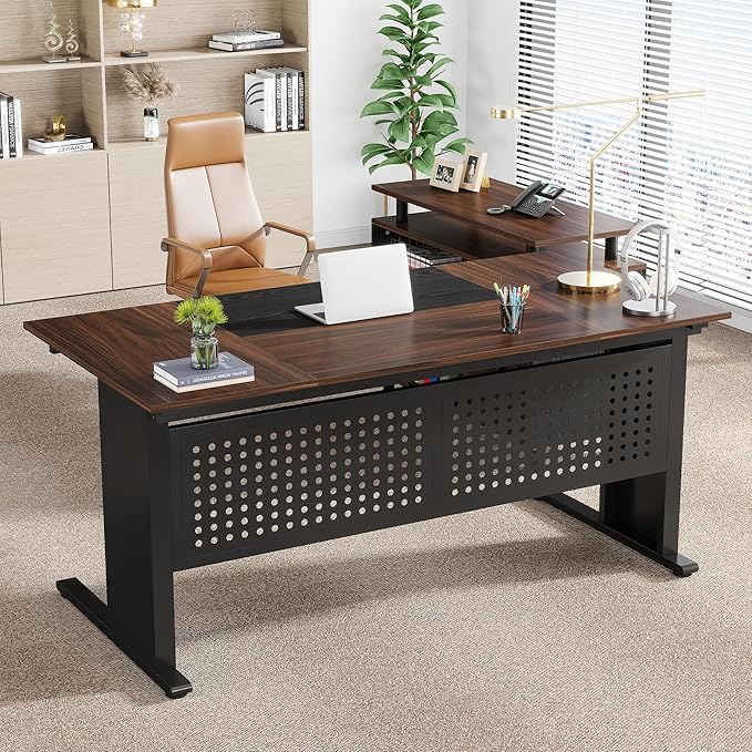 Tribesigns 63 Inch Executive Desk with File Cabinet, Large Office Desk L Shaped Computer Desk with Drawers and Storage Shelves, Business Furniture Desk for Home Office, Dark Walnut and Black