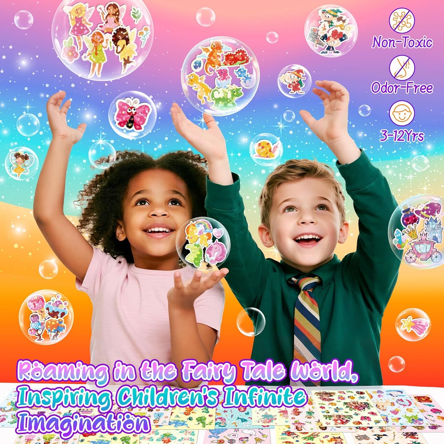 300+ Holographic Stickers for Kids, 15 Different Sheets of Fairy Tale Themed Glitter Kids Stickers, Princess, Mermaid, Dragon, Unicorn and More, Gifts for Toddlers Boys and Girls