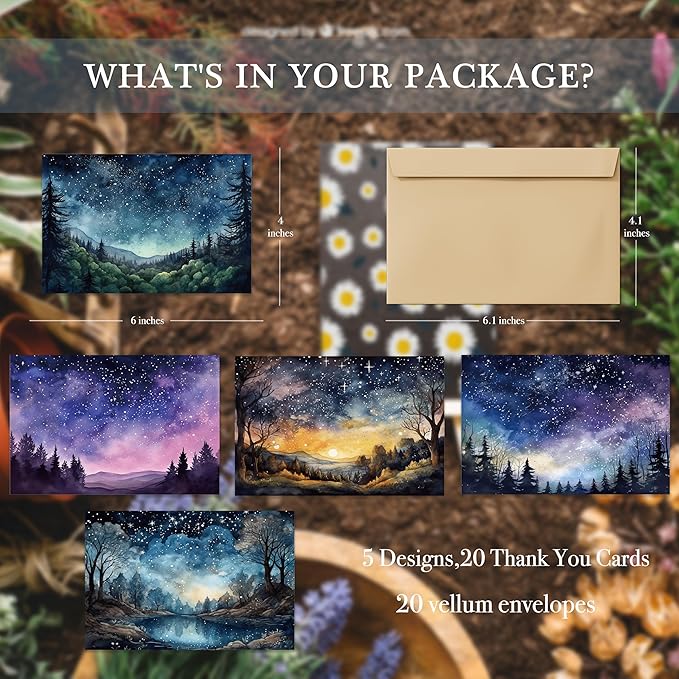 Blank Cards with Envelopes All Occasion,Watercolor Starry Night Sky Design Blank Greeting Cards 4x6,20Pack -Blank Greeting Cards,Note Cards with Matching Peel-and-Seal Rustic Envelopes