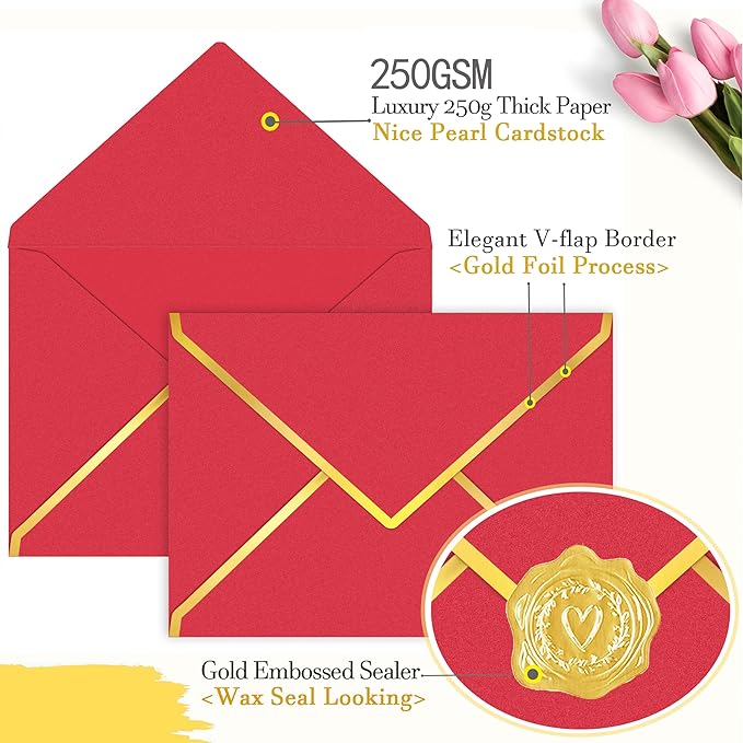 60 Pack Gold Envelopes 5x7 Rose Red, 250G Pearled Cardstock A7 Envelopes for Invitations Business Mailing Envelope with Gold Foil Border, A6 4x6 Envelopes for Wedding Baby Shower Cards