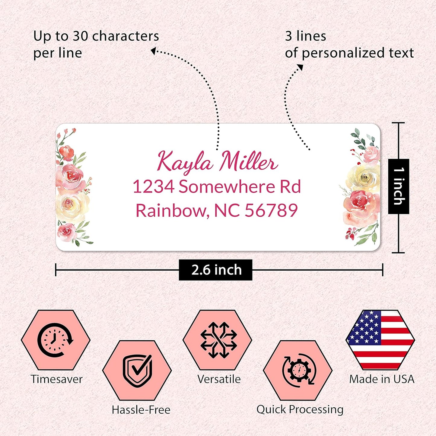 Personalized Return Address Labels Floral - Set of 120 Custom Mailing Labels for Envelopes, Self Adhesive Flat Sheet Rectangle Personalized Name Stickers (Blush Pink)