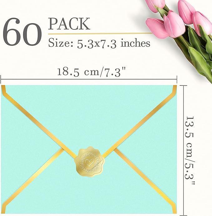 60 Pack Gold Envelopes 5x7 Light Blue, 250G Pearled Cardstock A7 Envelopes for Invitations Business Mailing Envelope with Gold Foil Border, A6 4x6 Envelopes for Wedding Baby Shower Cards