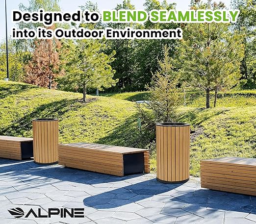 Alpine 32 Gallon Commercial Outdoor Trash Can - Heavy Duty Garbage Can Outdoor, Industrial Open Top Trash Can with Plastic Panels for Patio, Parks, Trails, Resorts (Flat Lid - Cedar)