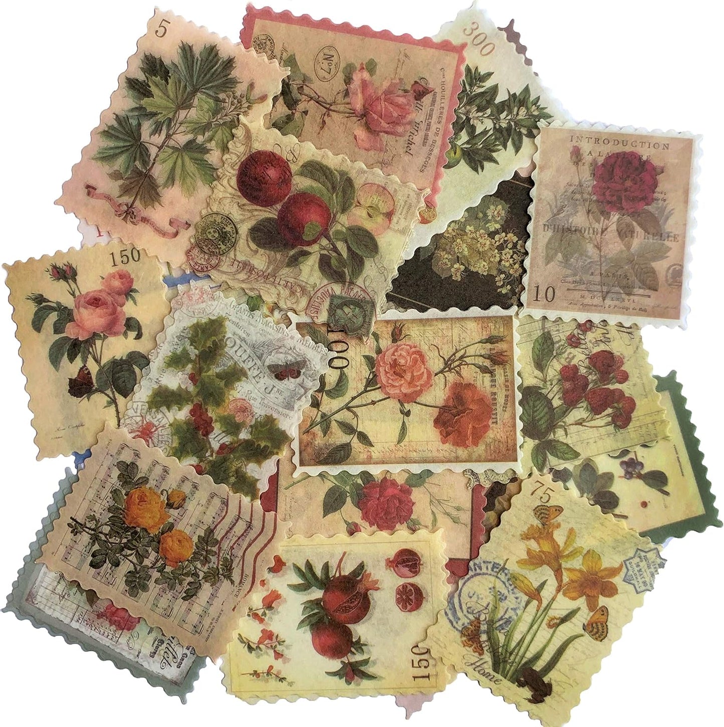 60pcs Vintage Postage Stamp Stickers, Aesthetic Botanical Deco Paper Sticker for Scrapbooking, Journaling Supplies, Planners, Kid DIY Art Crafts, Bullet Journal Ephemera
