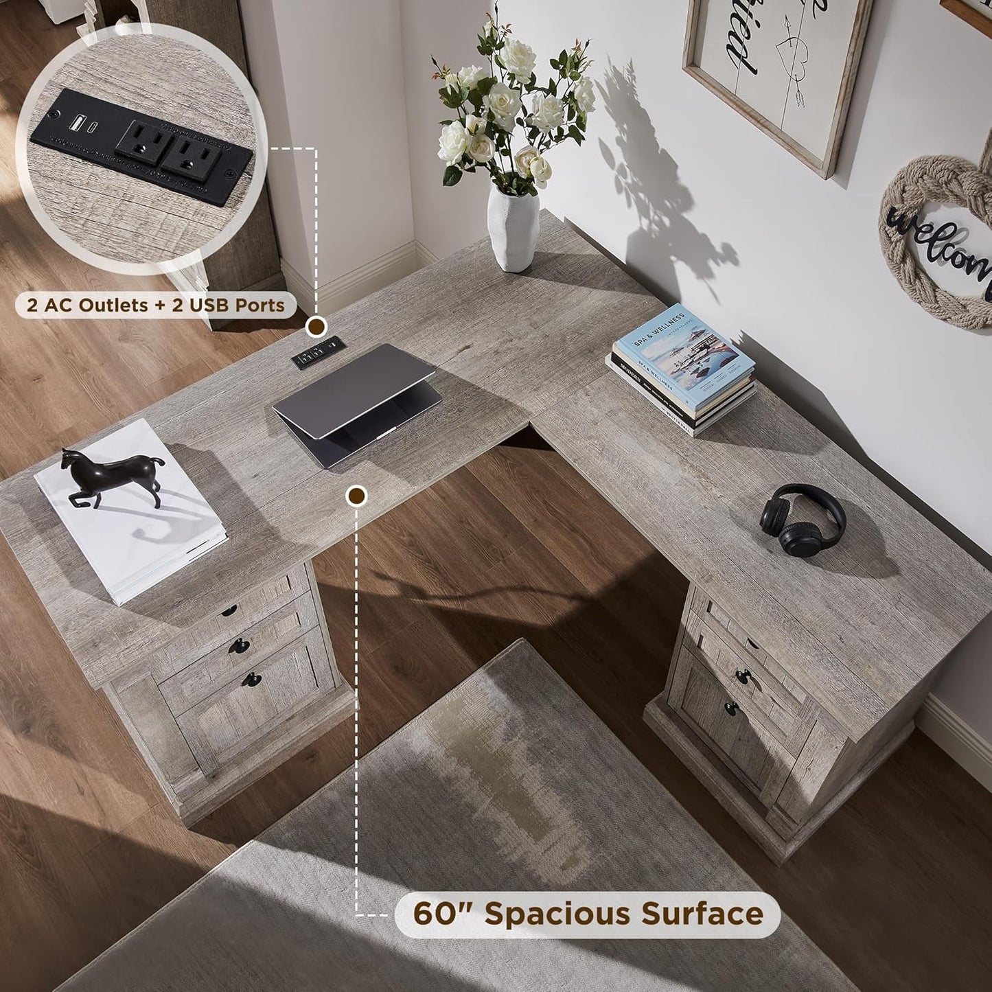 OKD 60" L Shaped Executive Desk with Drawers, Farmhouse Home Office Desk with Charging Station, File Cabinet Storage, Wood Corner Computer Desk for Work and Study, Light Rustic Oak