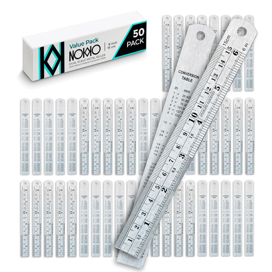 6 Inch Metal Ruler Bulk Set - 50-Pack of Compact 6 Inch / 15cm Stainless Steel Rulers - Precise Edge-Starting Imperial & Metric Measurements - Essential for Classrooms, Workshops, and Offices